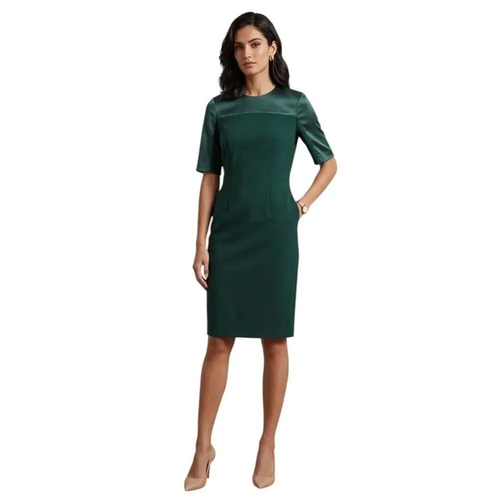 BOSS Hugo Boss Mixed Media Sheath Dress Emerald Green Satin Panel Size S